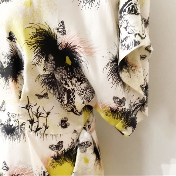 SANDRA ANGELOZZI 100% SILK TIGER TREE PRINT KEYHOLE COLD SHOULDER BELTED DRESS - Picture 5 of 12